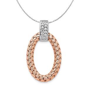 Rose Gold Tone Plated Silver & CZ Braided Oval Necklace - 24 In